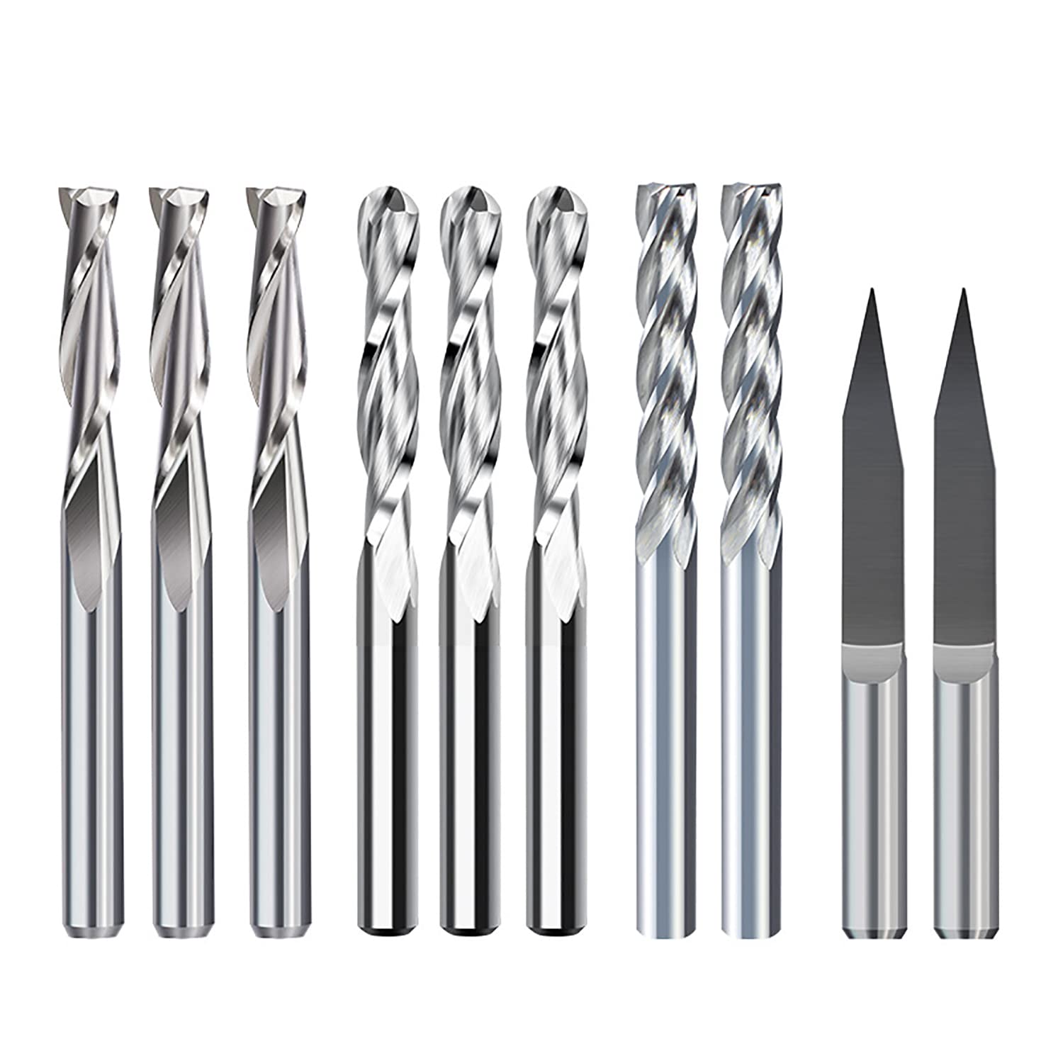 10Pcs CNC Router Bit Combination Kit, 1/8'' Shank End Mill Set Cutting Milling Tool Engraving Cutter Including Flat Nose/Ball Nose/V Bit End Mill