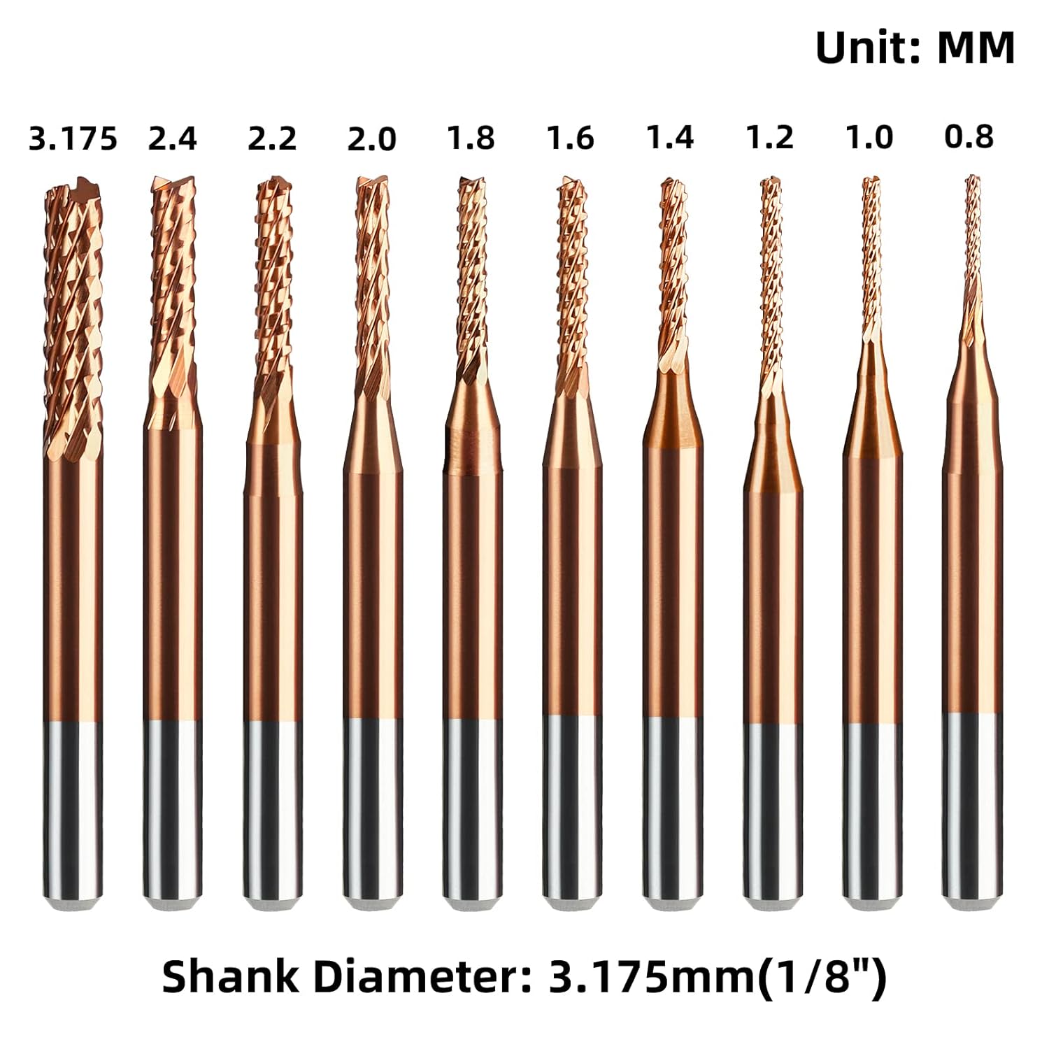 10Pcs TiCN Coated CNC Router Bit Set, 1/8” Shank End Mill Cutter Carbide for Engraving Rotary Tool