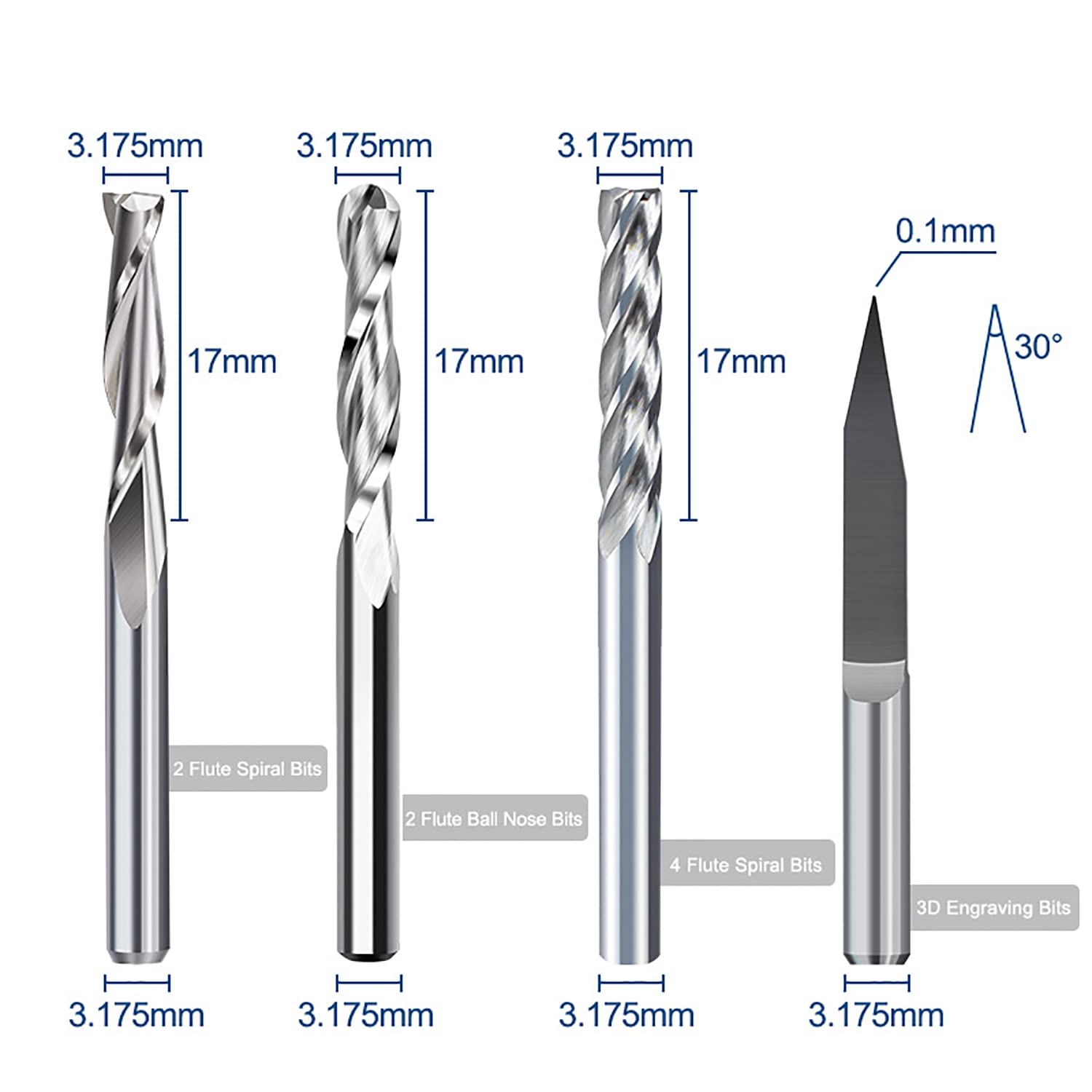 10Pcs CNC Router Bit Combination Kit, 1/8'' Shank End Mill Set Cutting Milling Tool Engraving Cutter Including Flat Nose/Ball Nose/V Bit End Mill