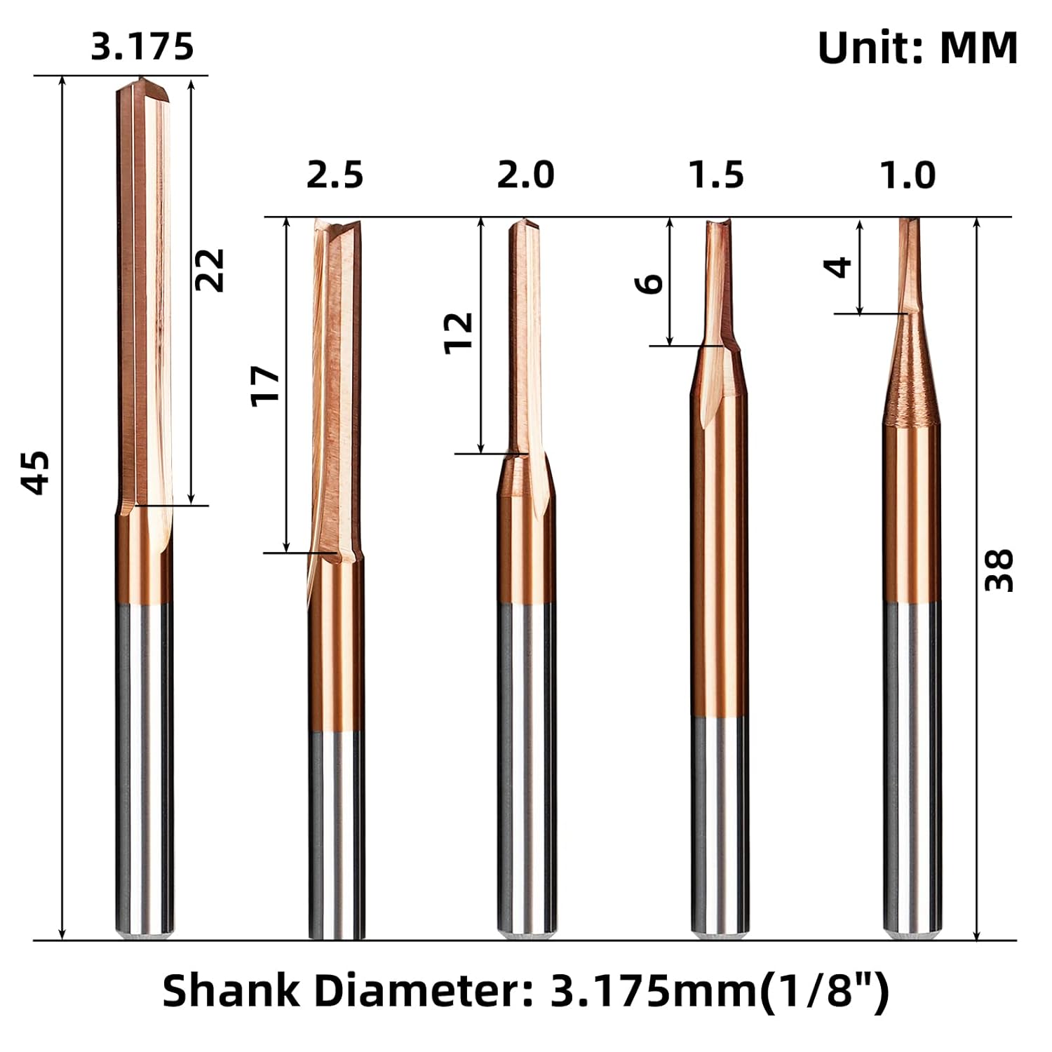 10Pcs CNC Router Bit Set, 1/8” Shank Straight CNC Bits TiCN Coating Carbide Engraving Tool End Milling Cutter| 1/1.5/2/2.5/3.175mm