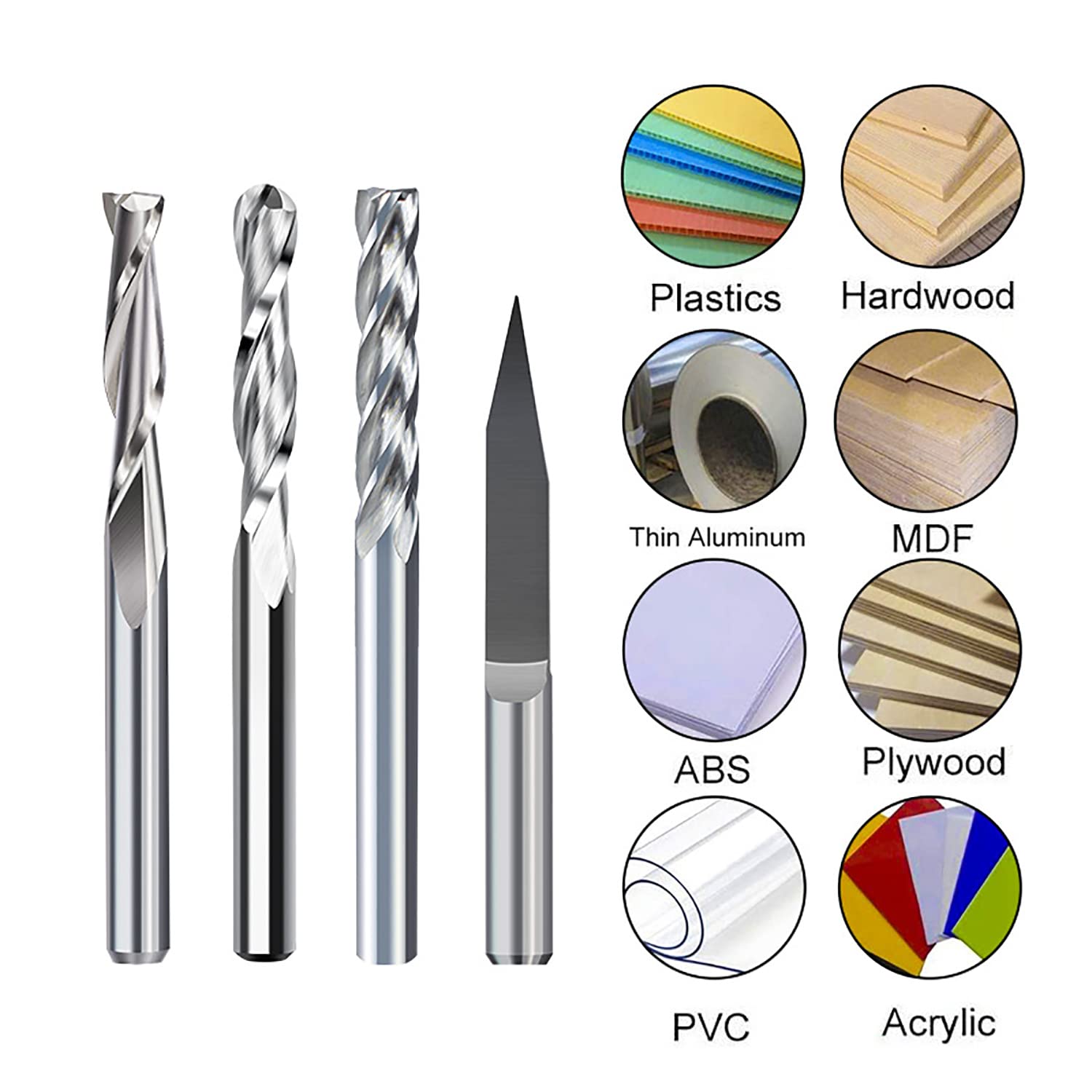 10Pcs CNC Router Bit Combination Kit, 1/8'' Shank End Mill Set Cutting Milling Tool Engraving Cutter Including Flat Nose/Ball Nose/V Bit End Mill