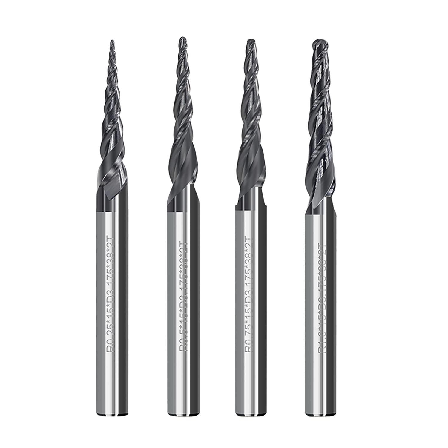 4Pcs Tapered Ball Nose End Mill, 1/8” Shank R0.25/R0.5/R0.75/R1.0 Tip Carbide Wood Engraving Bit CNC Router Bit Milling Cutter 2D and 3D Engrave Carving Woodworking Tool