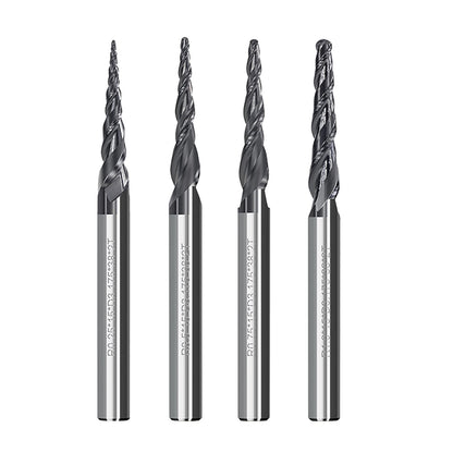 4Pcs Tapered Ball Nose End Mill, 1/8” Shank R0.25/R0.5/R0.75/R1.0 Tip Carbide Wood Engraving Bit CNC Router Bit Milling Cutter 2D and 3D Engrave Carving Woodworking Tool