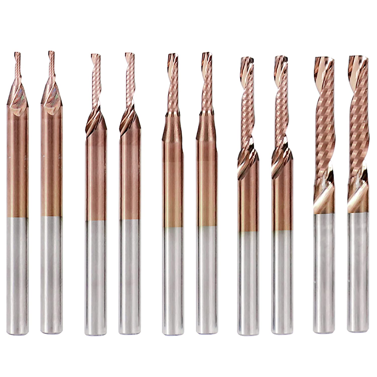 10Pcs TiCN Coated O Flute CNC Router Bit, 1/8'' Shank Upcut Spiral End Mill Cutter Set Wood Engraving Bit Milling Tool| Cutting Diameter 1/1.5/2/2.5/3.175mm