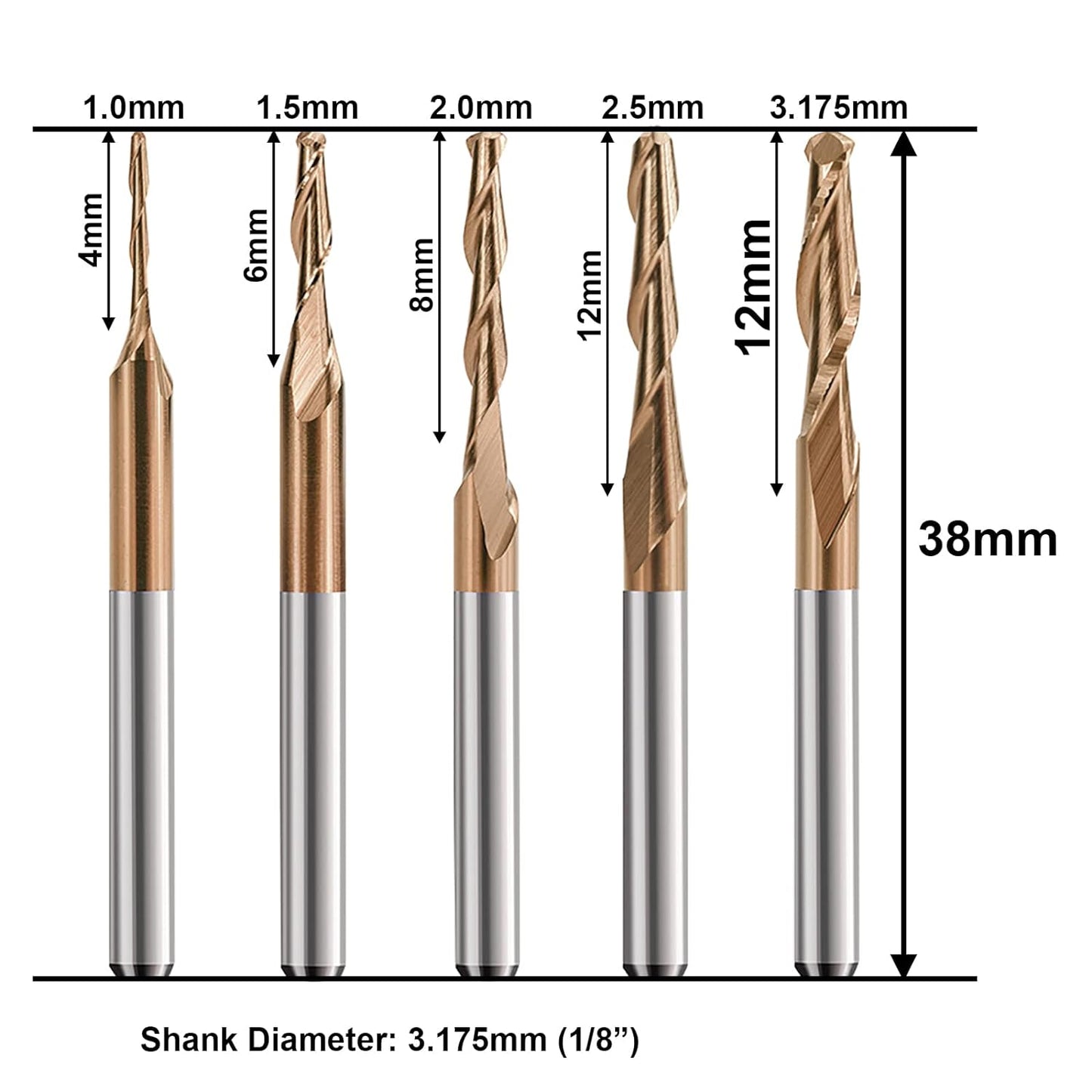 10pcs 1/8" Shank TiCN Coated Ball Nose CNC Router Bits | Cutting Diameter 1/1.5/2/2.5/3.175mm