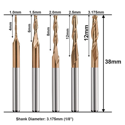 10pcs 1/8" Shank TiCN Coated Ball Nose CNC Router Bits | Cutting Diameter 1/1.5/2/2.5/3.175mm