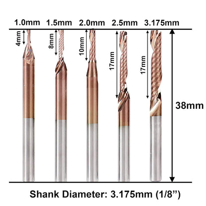 10Pcs TiCN Coated O Flute CNC Router Bit, 1/8'' Shank Upcut Spiral End Mill Cutter Set Wood Engraving Bit Milling Tool| Cutting Diameter 1/1.5/2/2.5/3.175mm