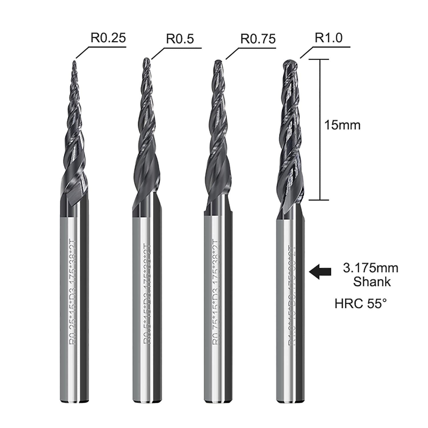 4Pcs Tapered Ball Nose End Mill, 1/8” Shank R0.25/R0.5/R0.75/R1.0 Tip Carbide Wood Engraving Bit CNC Router Bit Milling Cutter 2D and 3D Engrave Carving Woodworking Tool