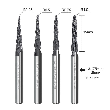 4Pcs Tapered Ball Nose End Mill, 1/8” Shank R0.25/R0.5/R0.75/R1.0 Tip Carbide Wood Engraving Bit CNC Router Bit Milling Cutter 2D and 3D Engrave Carving Woodworking Tool