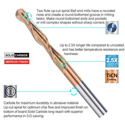 10pcs 1/8" Shank TiCN Coated Ball Nose CNC Router Bits | Cutting Diameter 1/1.5/2/2.5/3.175mm