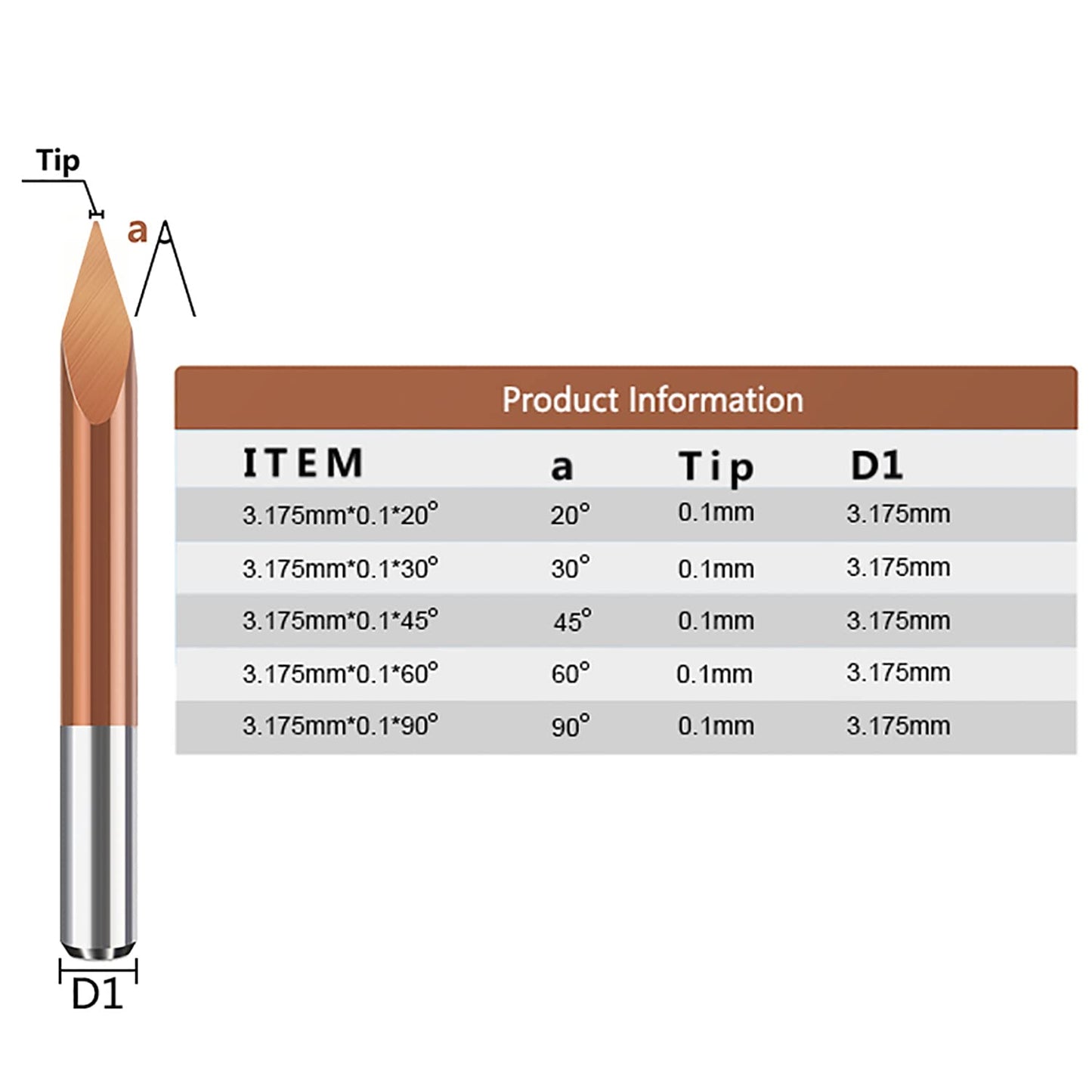 10pcs 1/8" Shank TiCN Coated 3-Edge Pyramid Bit| 20/30/45/60/90 Degrees, 0.1mm Tip