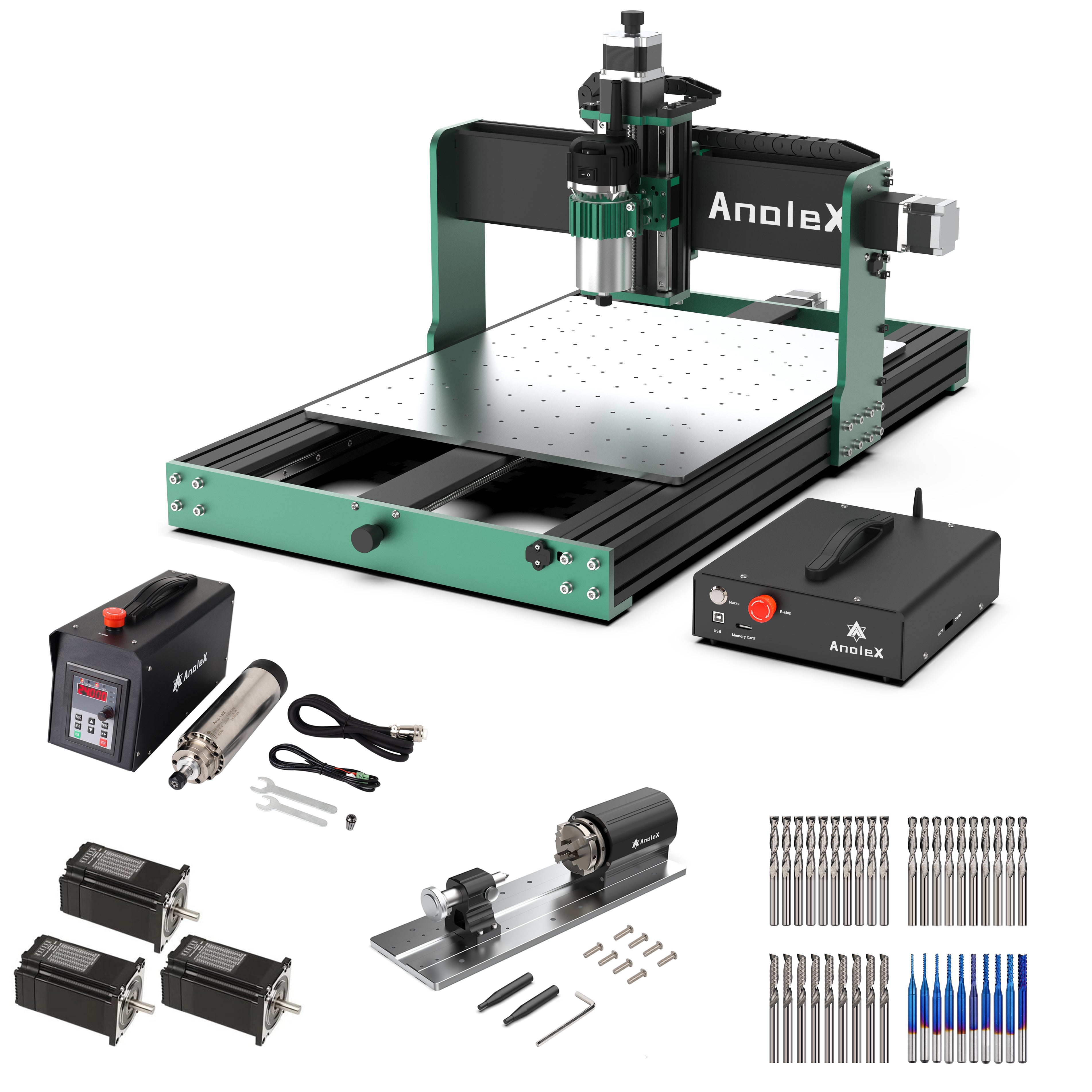 AnoleX CNC Router Machine 4060-Evo Ultra 2 + 1.5kw Spindle Kit + Closed Loop Motor + 4th Axis Rotary Module + 4in1  CNC Router Bits