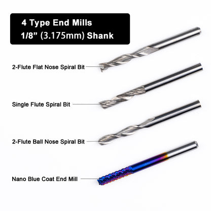 40pcs 1/8" Shank CNC Router Bit Set, Including 2-Flute Flat Nose & Ball Nose End Mills, Nano Blue Coat & Single Flute Spiral Bits