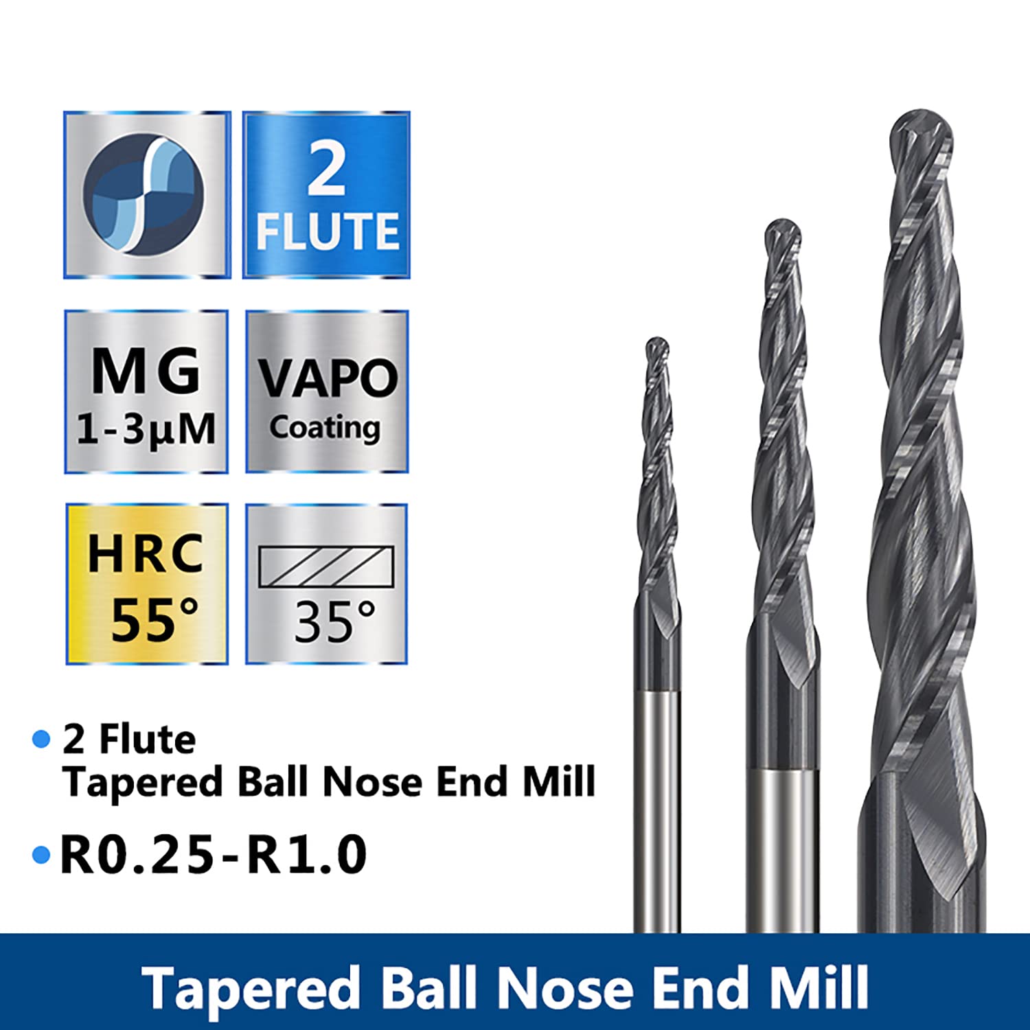 4Pcs Tapered Ball Nose End Mill, 1/8” Shank R0.25/R0.5/R0.75/R1.0 Tip Carbide Wood Engraving Bit CNC Router Bit Milling Cutter 2D and 3D Engrave Carving Woodworking Tool