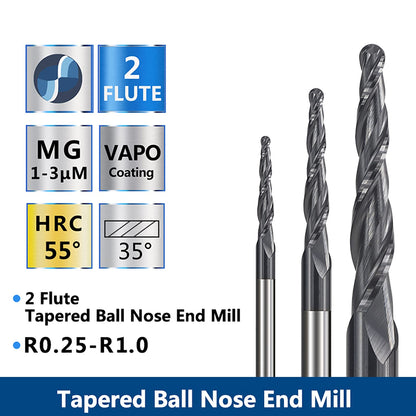4Pcs Tapered Ball Nose End Mill, 1/8” Shank R0.25/R0.5/R0.75/R1.0 Tip Carbide Wood Engraving Bit CNC Router Bit Milling Cutter 2D and 3D Engrave Carving Woodworking Tool