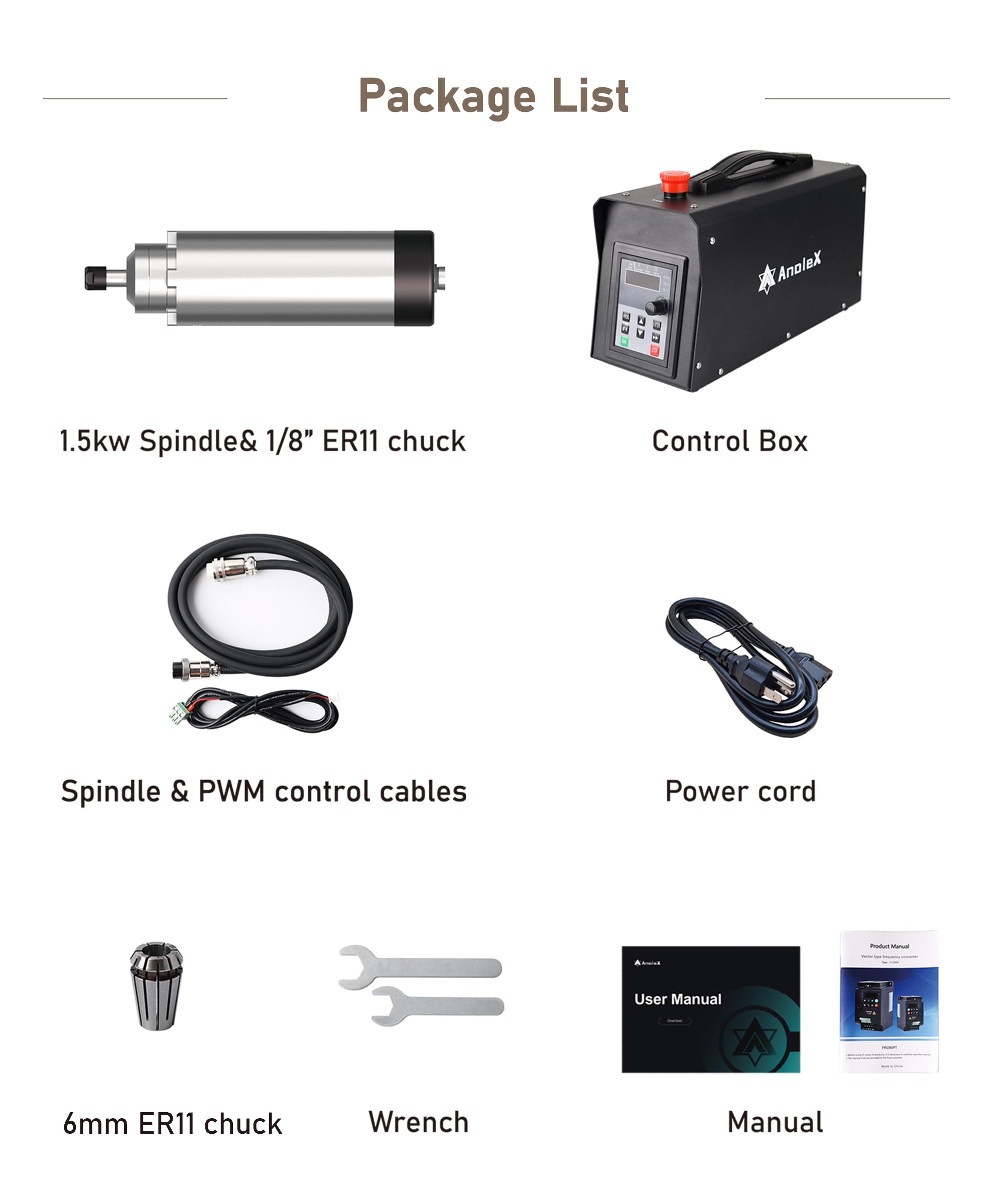 1.5KW CNC Spindle Motor Kits with Software Speed Control, Φ65mm Air Cooled VFD Spindle with ER11 Collets