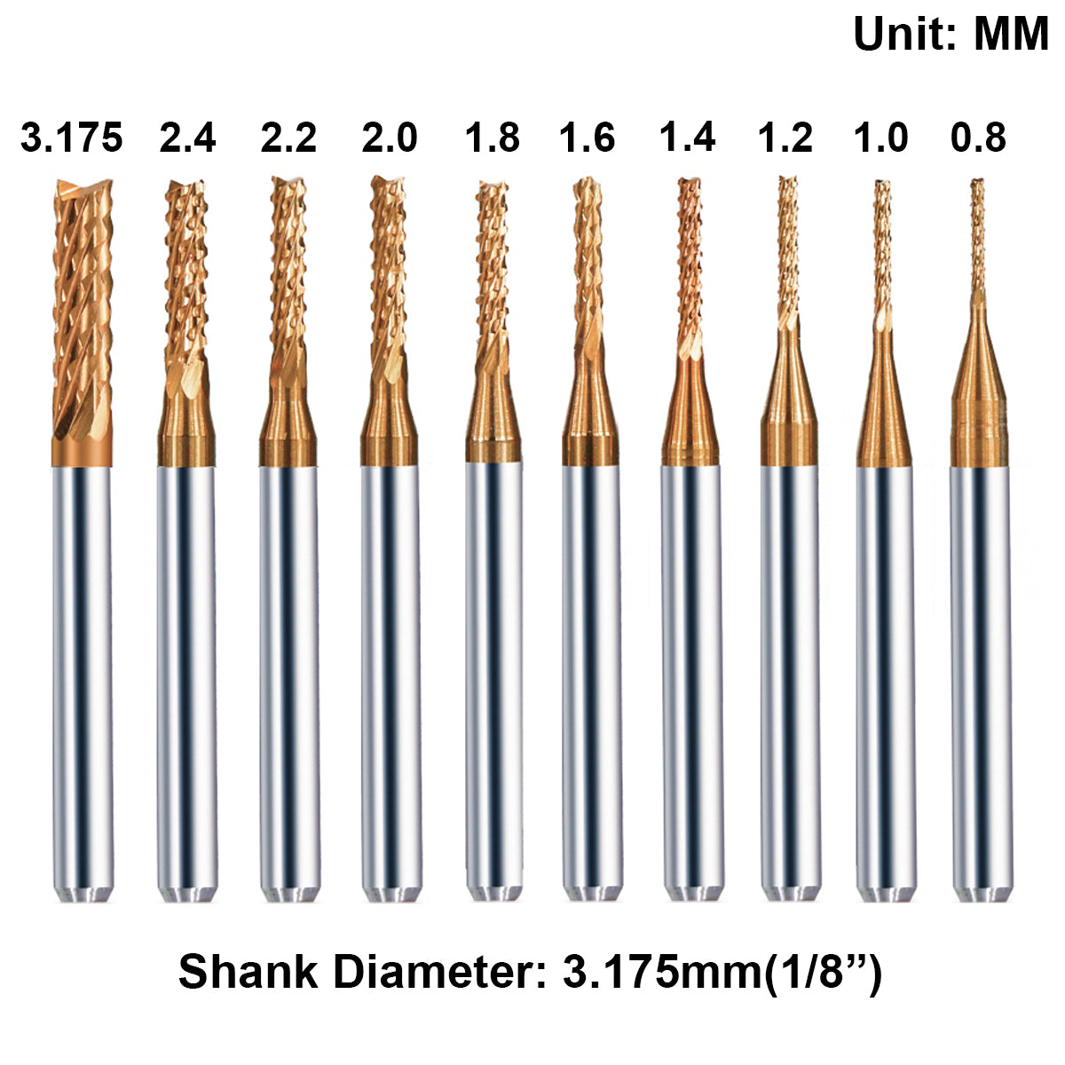 10Pcs TiCN Coated CNC Router Bit Set, 1/8” Shank End Mill Cutter Carbide for Engraving Rotary Tool