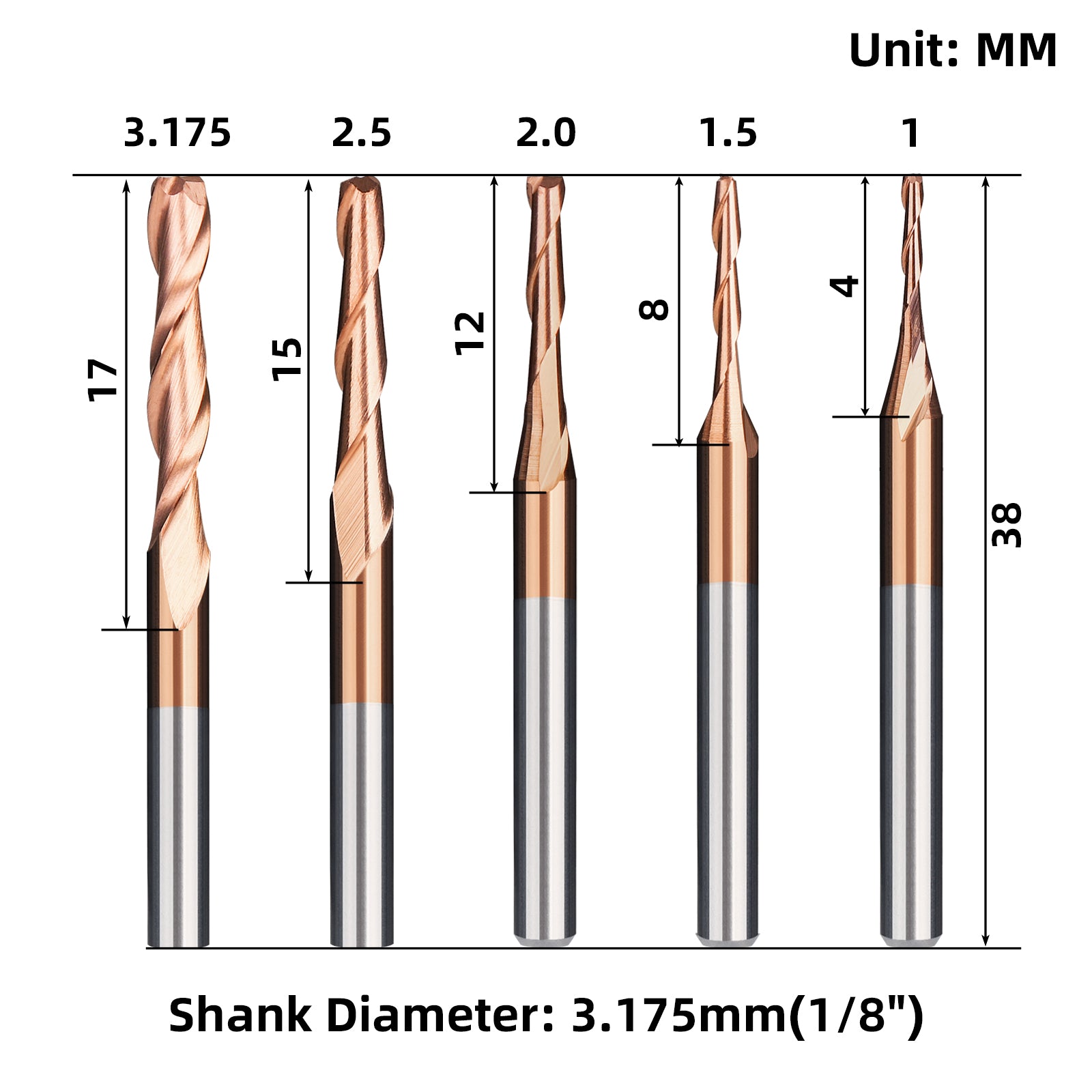 10pcs 1/8" Shank TiCN Coated Flat Nose CNC Router Bits | Cutting Diameter 1/1.5/2/2.5/3.175mm