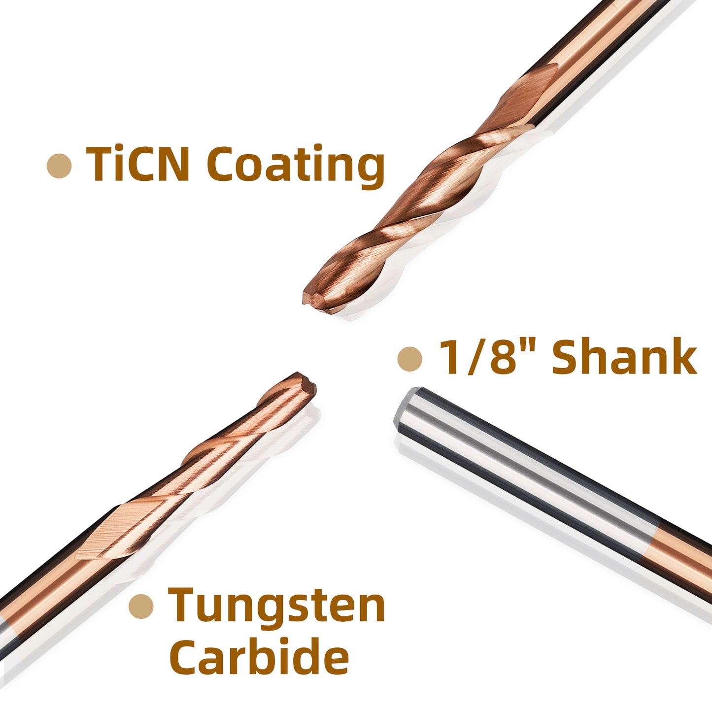 10pcs 1/8" Shank TiCN Coated Flat Nose CNC Router Bits | Cutting Diameter 1/1.5/2/2.5/3.175mm